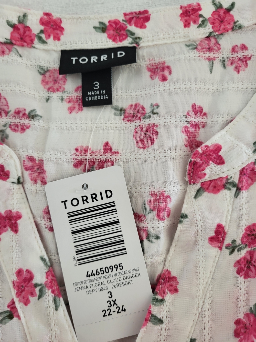 Torrid NWT White Button-Front Blouse with Pink Floral Print 100% Cotton - Picture 4 of 12